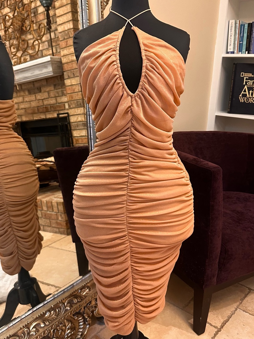 Ruched Halter Midi Dress in Peach